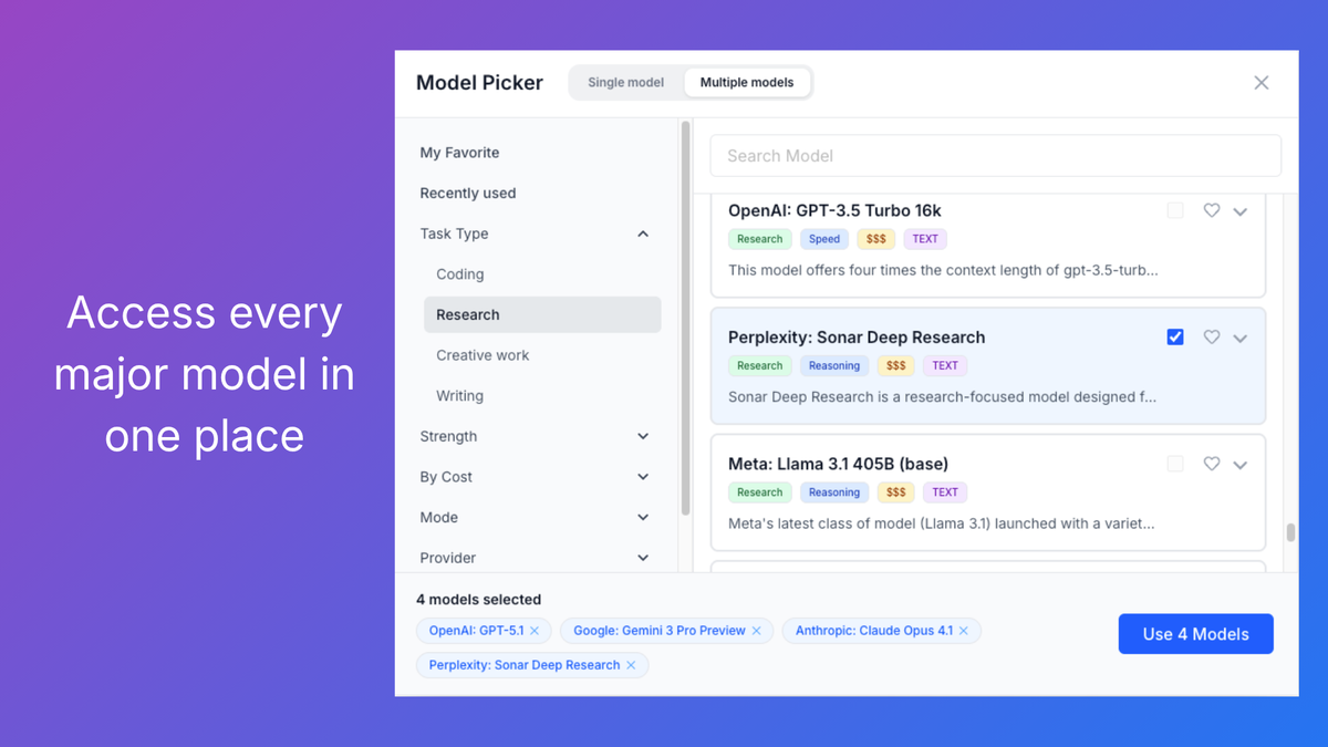 WorkLLM multi-model AI chat interface screenshot