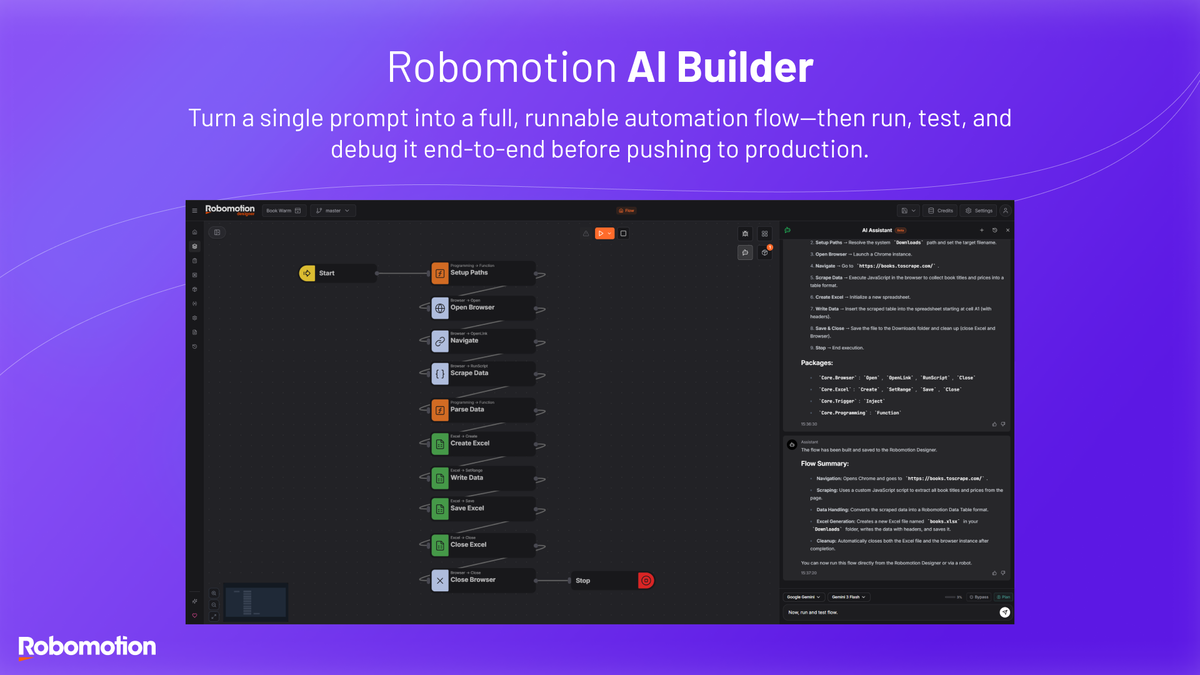 Robomotion RPA drag-and-drop flow builder with AI Assistant