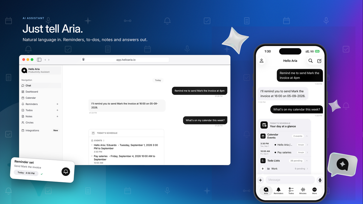 Hello Aria dashboard showing consolidated reminders, tasks, and notes