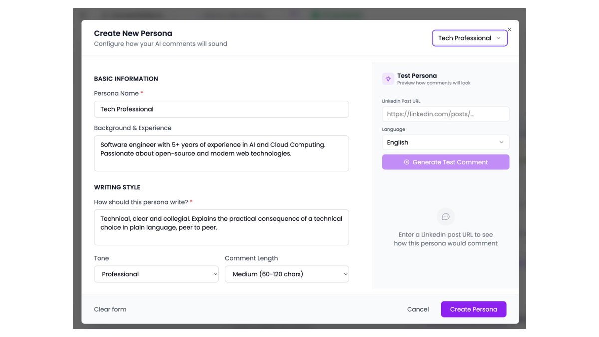 ConnectSafely persona builder for matching comment tone and voice