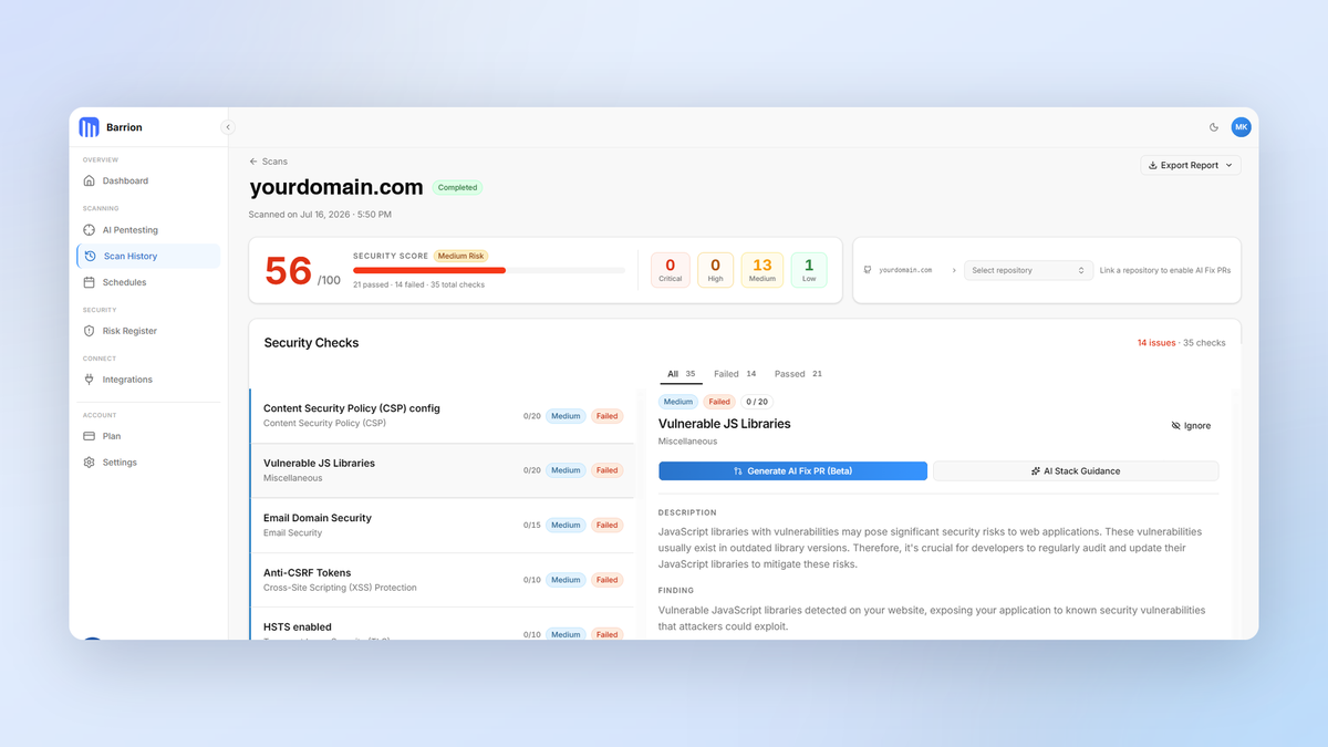 Barrion scan report listing header, TLS, and CORS vulnerabilities with fixes