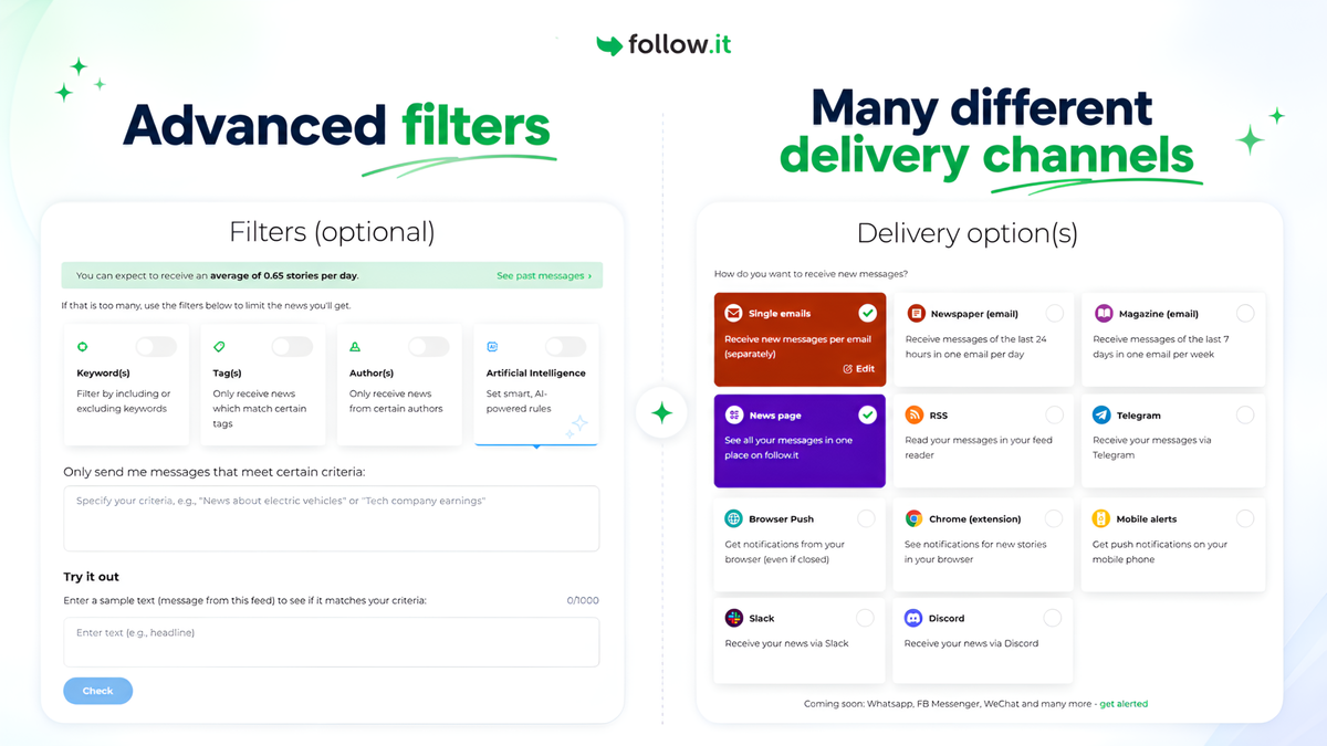 follow.it delivery settings for email digest, RSS, Telegram, and Slack