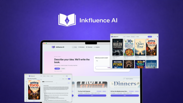 Inkfluence AI book generation interface showing prompt-to-chapters workflow