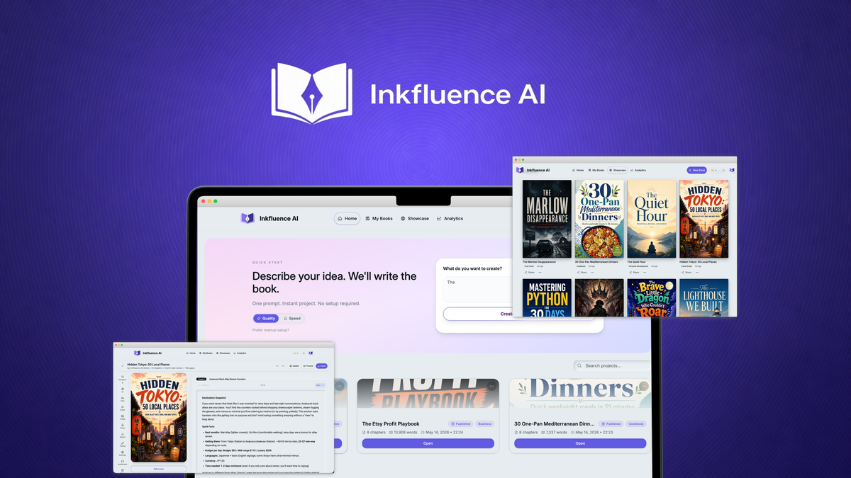 Inkfluence AI book generation interface showing prompt-to-chapters workflow