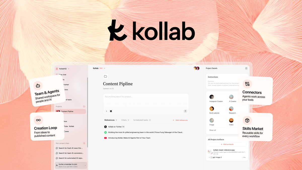 Kollab AI workspace dashboard showing projects and content drafts