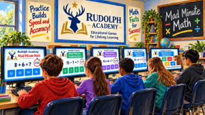 Mad Minute Math worksheet and game screen from Rudolph Academy