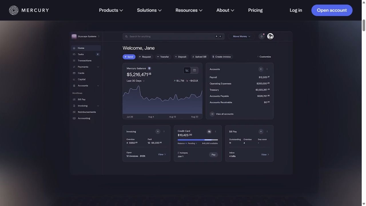 Mercury business banking dashboard overview
