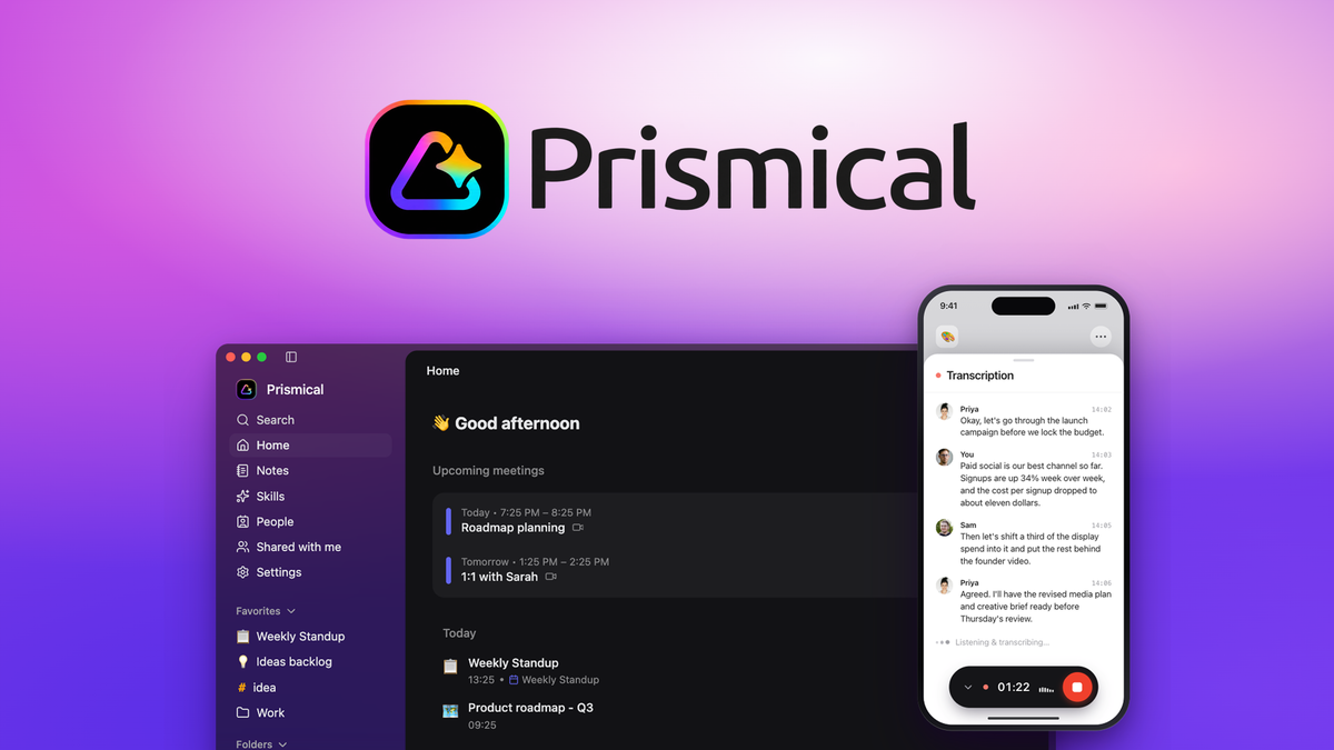 Prismical live transcript with speaker identification during a meeting