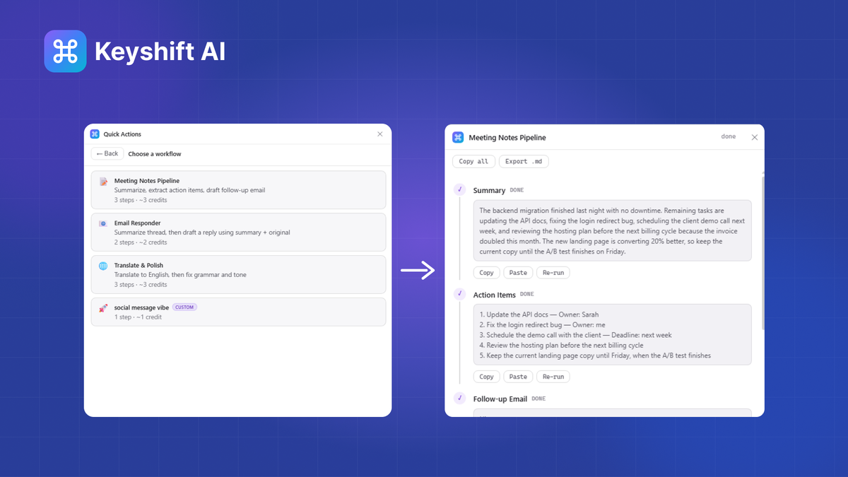 Keyshift AI multi-step workflow builder chaining AI actions