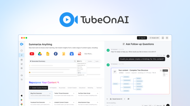 TubeOnAI dashboard showing content repurposing options