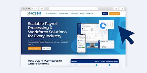 VCS HR workforce management platform shown on desktop and mobile