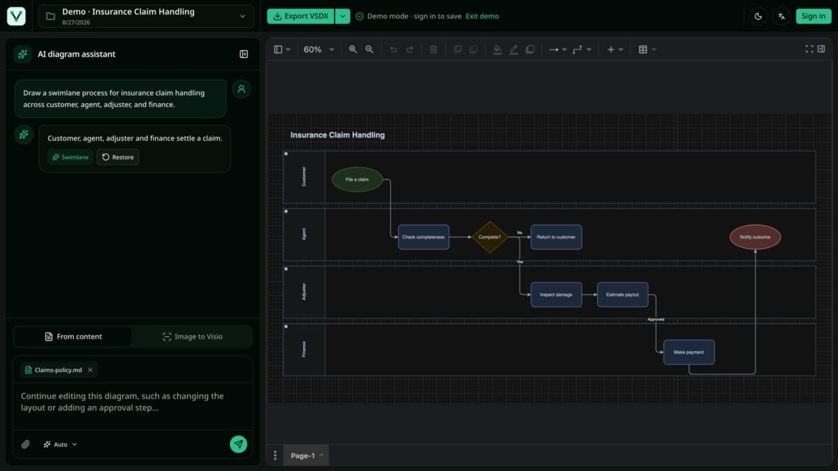 VSDXAI editable diagram studio interface