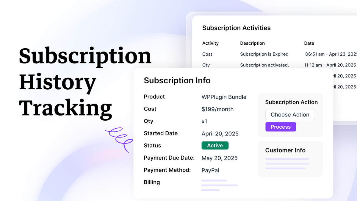 WPSubscription dashboard showing active subscriber list and payment status