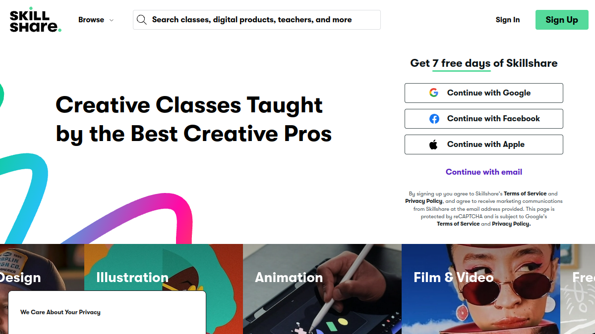 Skillshare class catalog on the Skillshare website